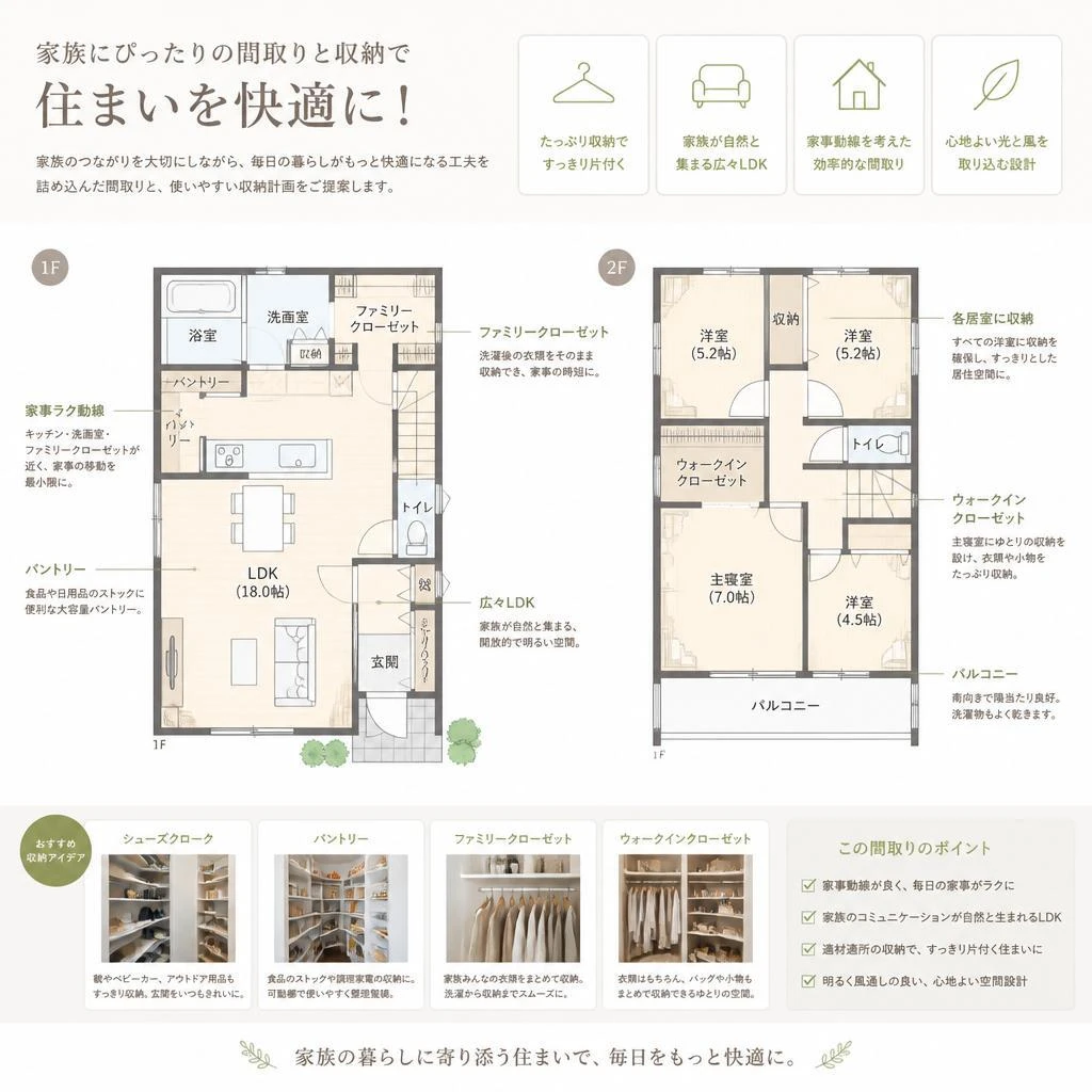 家族にぴったりの間取りと収納で住まいを快適に！